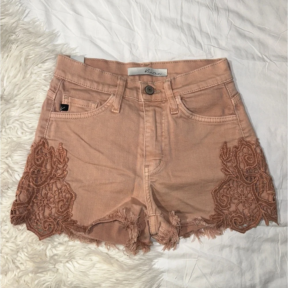 KanCan (Buckle) | Kaimi High Rise Pink Denim Shorts Crochet Lace Frayed Hem 23